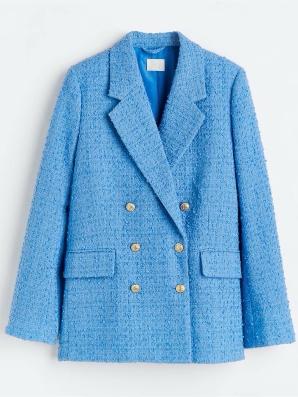 H&M Light Blue Double-Breasted Tweed Blazer